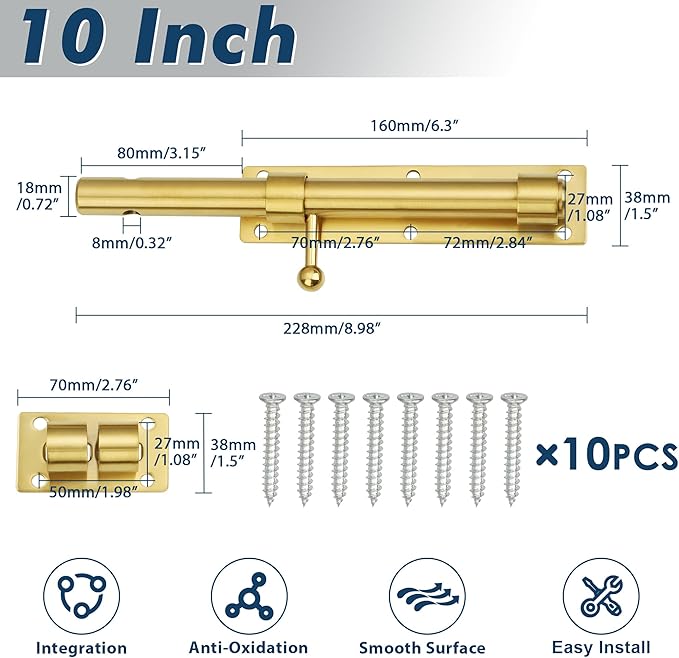 Alise 10 inch Barrel Bolt Latch,Slide Bolt Latch,Heavy Duty Solid SUS304 Stainless Steel Slide Lock for Wooden Fence,Barn Door,Interior or Outdoor Door Gold MS9200-G