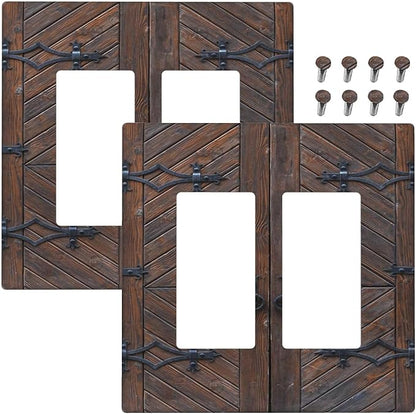 Decorative Outlet Covers Vintage Brown Wood Barn Door 2 Gang Light Switch Cover Plate Double Rocker Wall Plate Switch Plate Covers Faceplate for Farmhouse Home Decor （2 Pack）