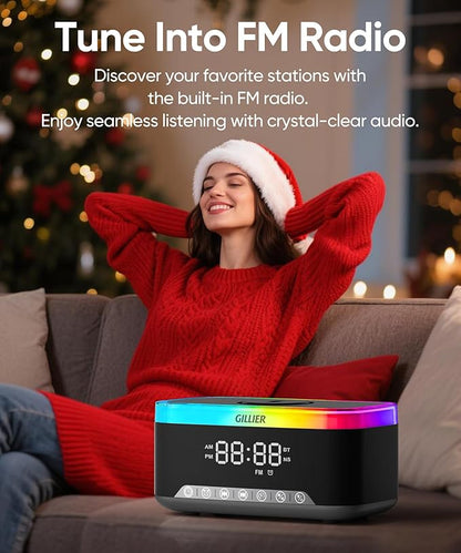 Wireless Charging Alarm Clock Radio for Bedrooms – 15W Fast Wireless Charger for iPhone/Samsung-Stereo Bluetooth Speaker with FM Radio, Dimmable Display, USB Port, Sleep Timer, Gifts for Christmas