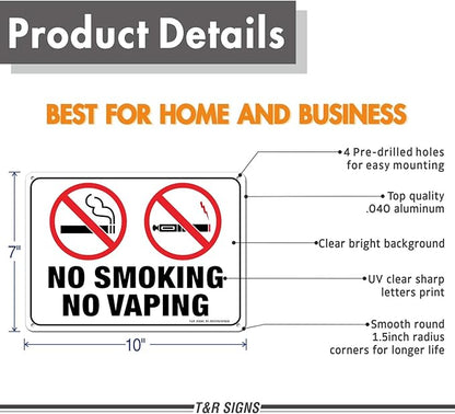 No Smoking No Vaping Sign - 4 Pack - 10 x 7 Inches Rust Free .040 Aluminum - UV Protected, Waterproof, Weatherproof and Fade Resistant - 4 Pre-drilled Holes