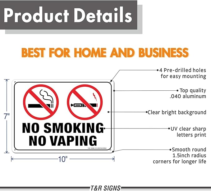 No Smoking No Vaping Sign - 2 Pack - 10 x 7 Inches Rust Free .040 Aluminum - UV Protected, Waterproof, Weatherproof and Fade Resistant - 4 Pre-Drilled Holes