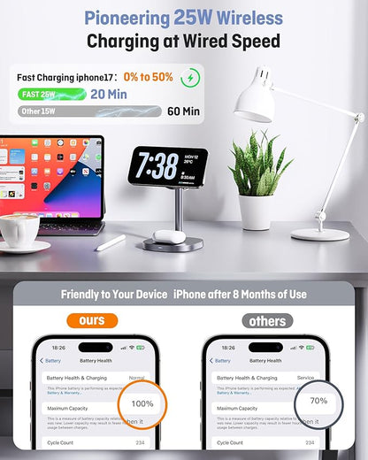 3 in 1 Wireless Charging Station, Qi2.2 25W Certified Fast Magnetic Charger, Mag-Safe Wireless Charger Stand with TEC Active Cooling, for iPhone17/16/15/14/13/12, Apple Watch/AirPods