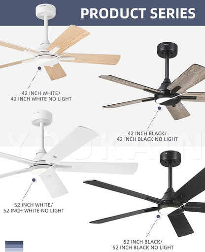 YOUKAIN Ceiling Fan No Light, 42 Inch Black Modern Ceiling Fans, Smart Ceiling Fan Works with Voice Control & Remote Control, Reversible Blades, Outdoor Ceiling Fans for Living room, 42-YJ812-BK-NL