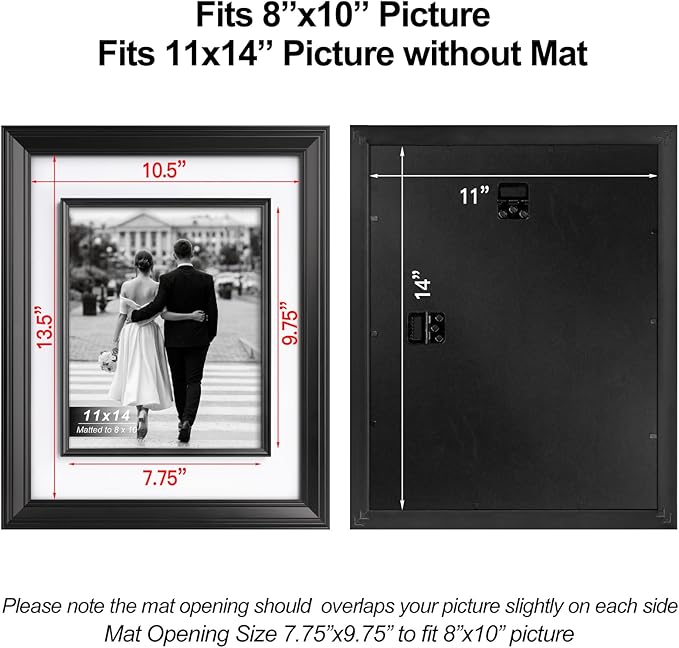 Yaetm 11x14 Black Picture Frame with Decorative Inner Frame & Tempered Glass, Display 8x10 Photos with Mat on Wall - Portrait or Landscape - Ideal for Office & Home Décor (Black, 2 Pack)