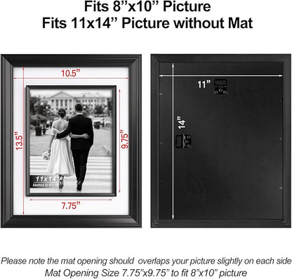 Yaetm 11x14 Black Picture Frame with Decorative Inner Frame & Tempered Glass, Display 8x10 Photos with Mat on Wall - Portrait or Landscape - Ideal for Office & Home Décor (Black, 2 Pack)