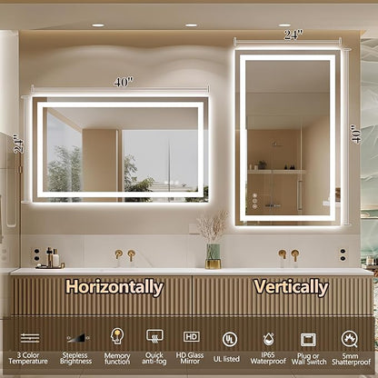 Niccy 40" x 24" LED Bathroom Mirror with Lights, Backlit and Front Lit, Lighted Vanity Mirror for Wall with 3 Colors, Anti-Fog, Shatter-Proof, Memory for Bedroom, Horizontal/Vertical