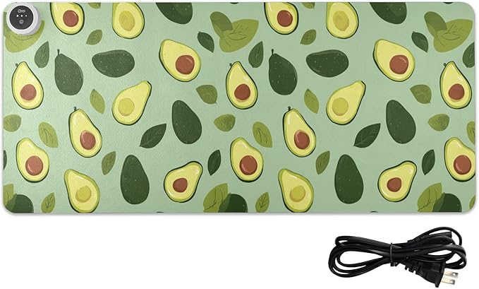 Heated Desk Pad Mouse Pad 31.5x13 Inch PU Leather Desk Mat with 3 Heat Levels Large Mouse Gaming Computer Laptop Mat Green Cute Avocado and Leaves
