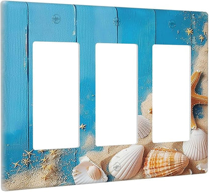 Light Switch Covers Blue Wood Grain Beach Shell Starfish 3 Gang Rocker Electrical GFCI Decorative Triple Outlet Wall Plate Cover Switchplate for Bathroom Farmhouse Decor