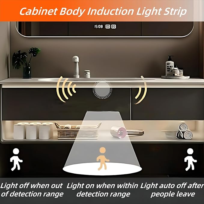 52IN Grey Bathroom Vanity Set - Floating Bathroom Vanity with Single Sink | Including LED Smart Defogging Mirror Cabinet & Time Display Function, Equipped with Motion Sensing Light Strip (Style A)