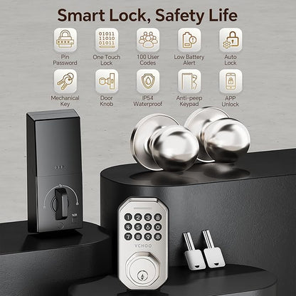 Keyless Entry Door Lock Set Smart Locks for Front Keypad Door Lock with Handle Automatic Lock One Time Password Anti Peeping Password IP54, Satin Nickel
