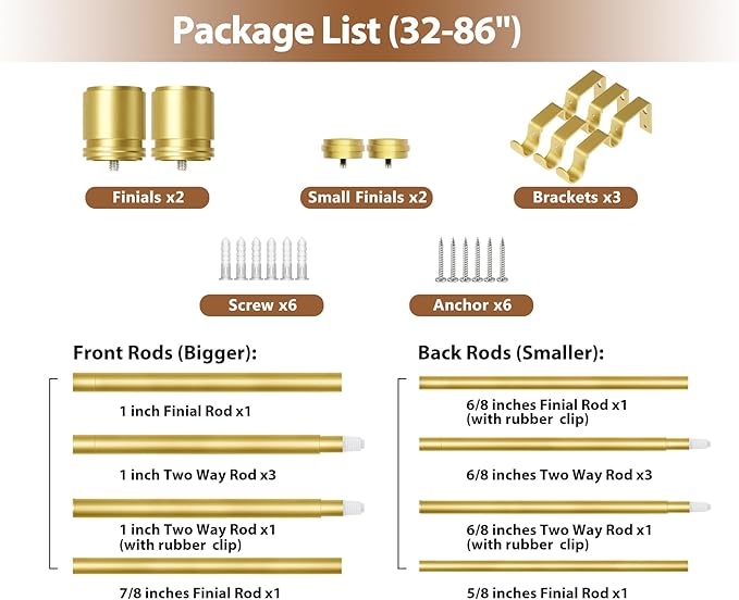 Double Curtain Rod 32 to 86 Inch, HOTOZON 1 Inch Heavy Duty Double Curtain Rods for Windows 20 to 82 Inches(1.7-6.8 ft), Telescoping Drapery Rod with Simple End Finials, Gold
