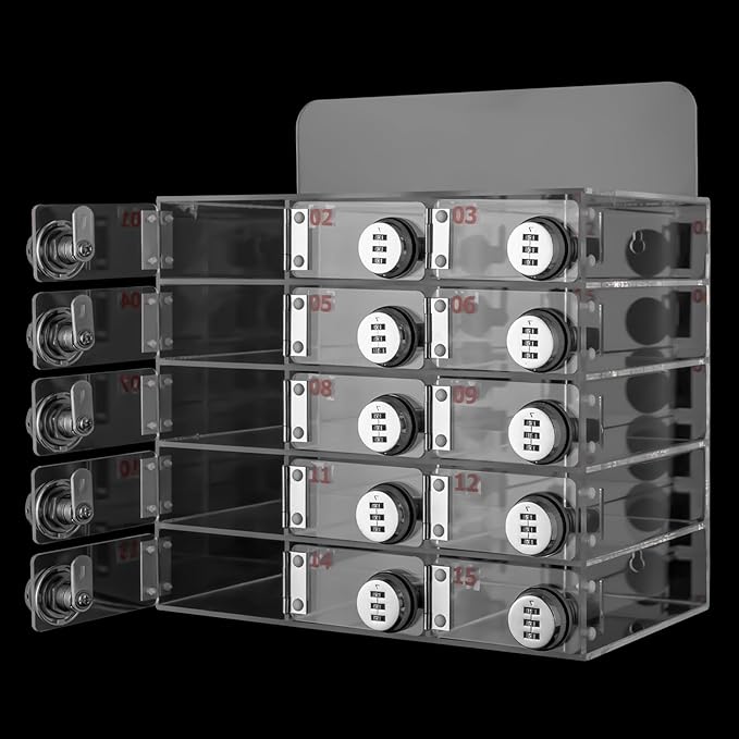 Cell Phone Locker Box 15 Slots Clear Acrylic Cell Phone Organizer Cabinet with Combination Locks Wall-Mounted Locking Cell Phone Storage Box for Classroom Office,Shool,Office (15 Slots, Acrylic)