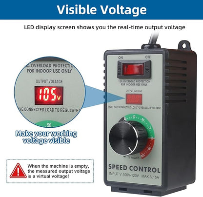 Versatile AC Motor Speed Controller - 100V-120V, 15A Max - Electric Fan Speed Regulator with Overload Protection, Electronic Voltage Regulation, and Voltage LED Display