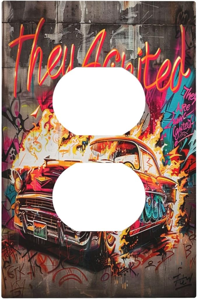 Outlet Covers Hip Hop Street Graffiti Flame Car 1 Gang Duplex Wall Plate Decorative Switch Plates Electrical Receptacle Faceplate Light Switch Cover for Bedroom living Room Decor