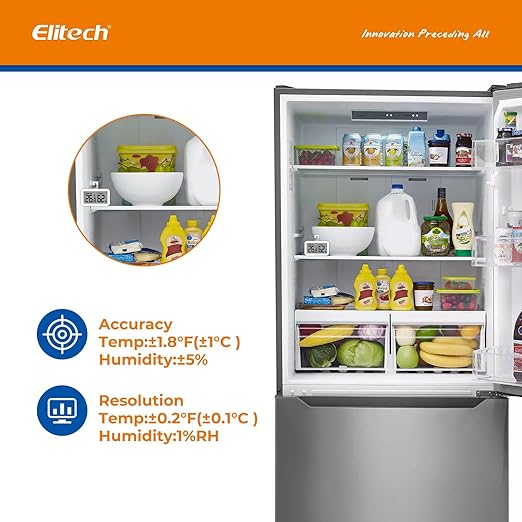 Elitech Fridge Thermometer Hygrometer Digital Freeze Refrigerator Thermometer Waterproof Large LCD Display TM-2TH