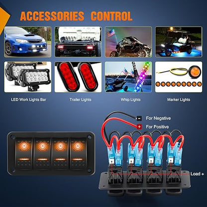 Nilight 4 Gang Rocker Switch Panel with Orange LED Light 5 Pin On Off Pre-Wired Aluminum Toggle Switches Waterproof for 12V/24V Cars Marine Boats ATVs Trailers RV Trucks