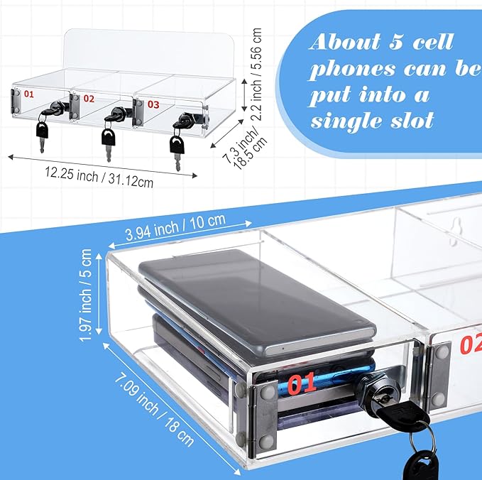 Threan 3 Slot Cell Phone Storage Box, Clear Cell Phone Storage Cabinet Wall Mounted, Including Door Locks and Keys for Office School Factory Classroom Students Staff