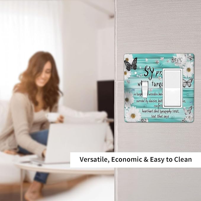 Teal Butterfly Daisy Rustic Wooden Signs Outlet Covers 1 Toggle 1 Rocker Combination Decorative Wall Plate Electrical Switch Plates Light Switch Cover Plate For Farmhouse Cabin Decor