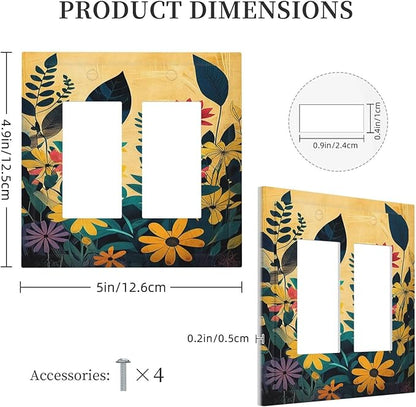 Abstract Minimalist Floral Botanical Boho Flower Outlet Covers Light Switch Cover Plate 2 Gang Double Rocker Wall Plates Decorative Switch Plates Plug Cover Electrical GFCI Receptacle 4.9 X 5 IN