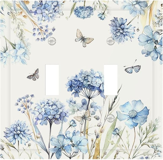Decorative Switch Plates Blue Floral Hydrangea Plants 2 Gang Double Toggle Wall Plate Outlet Light Switch Cover Electrical Faceplate for Bedroom Home Decor