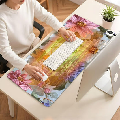 Heated Desk Pad Mouse Pad 31.5x13 Inch PU Leather Desk Mat with 3 Heat Levels Large Mouse Gaming Computer Laptop Mat Blue Daisies Dahlias Bluebells