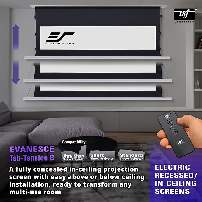 Elite Screens Evanesce Tab-Tension B, 120-inch Diagonal 16:9, 4K / 8K HD Ready, Recessed in-Ceiling Electric Tab Tensioned Projector Screen, Matte White Projection Screen Surface, ETB120HW2-E8