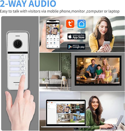 ANJIELO SMART Wired Video Doorbell Apartment Intercom System,4 Family Units 10 Inch Touch Monitor,3 in 1 Unlocking,Dual Way Intercom Motion Detection Tuya for Villa Home (1 Doorbell(w)+ 4 Monitor(b))