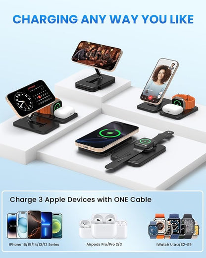Charging Station Magnetic for iPhone Mag-Safe: JoyGeek 3 in 1 Foldable Wireless Charger for iPhone 16-12 Pro Max Plus, Travel Charger for AirPods, A-pple Watch 10-2 Series