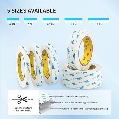 3M 1600T Double Sided Tape, PE Foam Tape 0.75" x 18 Ft White Removable Strong Adhesive No Residue for RV Picture Hanging, Posters Frames Wall Decor Indoor & Outdoor Use