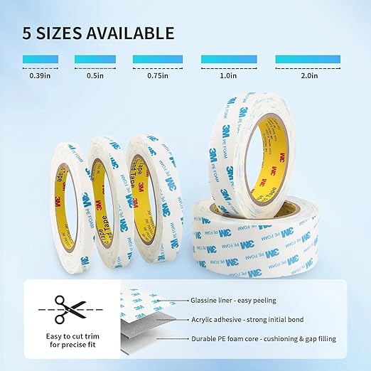 3M 1600T Double Sided Tape, PE Foam Tape 0.5" x 18 Ft White Removable Strong Adhesive No Residue for RV Picture Hanging, Posters Frames Wall Decor Indoor & Outdoor Use(2 Pack)