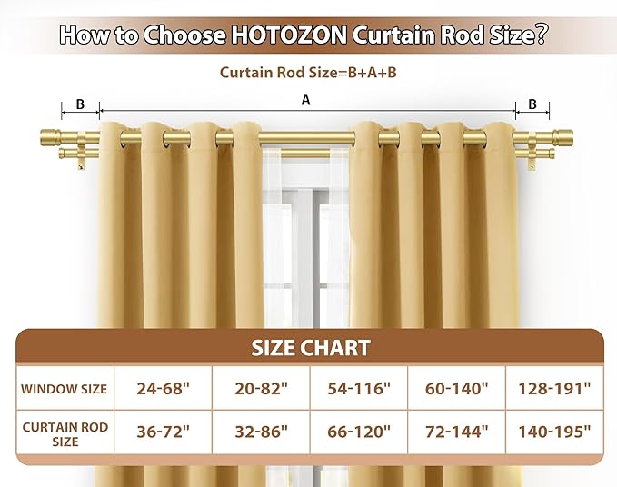Double Curtain Rod 66 to 120 Inch, HOTOZON 1 Inch Heavy Duty Double Curtain Rods for Windows 54 to 116 Inches(4.5-9.6 ft), Telescoping Drapery Rod with Simple End Finials, Gold