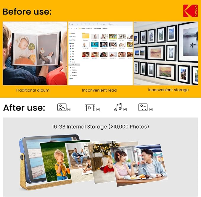 Kodak WiFi Digital Picture Frame 10.1 inch with 16GB Built-in Memory,4000mAh Battery,1280 * 800 Touch Screen Cloud 2.4GHz WiFi, Auto-Rotate, Kodak APP, Gift for Friends Family(Blue, 10 inch)