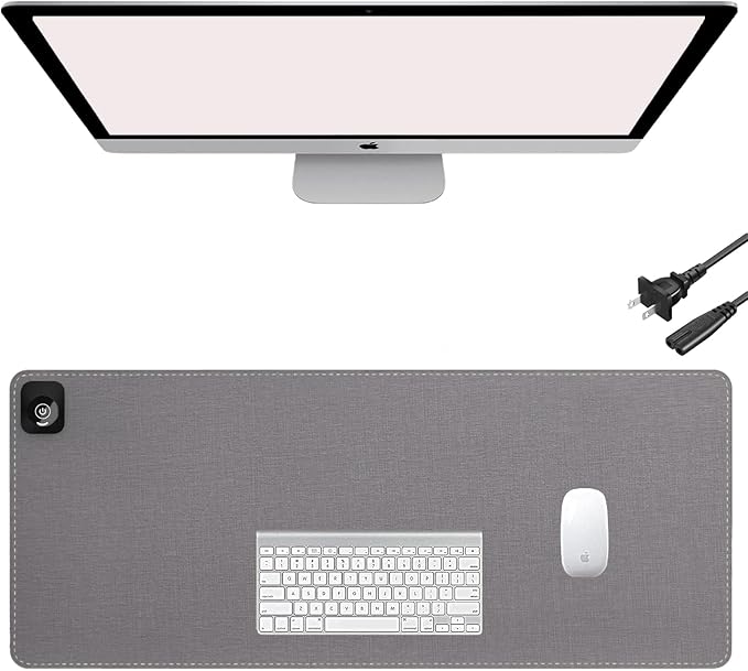 Onlytop Heated Desk Pad & Mouse Pad – Adjustable Temp & Auto Shut-Off, Large Waterproof Leather Warm Desk Mat with Non-Slip Base for Cold Office Winter Use (Gray, 31.5" x 13")