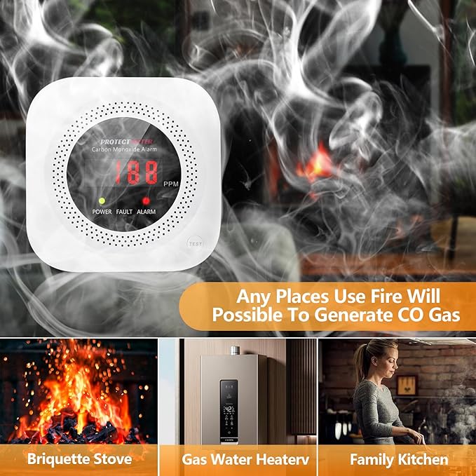 Carbon Monoxide Detectors, CO Detector Plug in Wall 100-220V AC Power Operated, Portable Carbon Monoxide Detector for Home/Hotel/RV with AC Power, Digital LCD