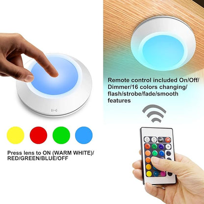 HONWELL Push Lights, LED Puck Lights with Remote, Battery Operated Under Cabinet Lighting,Cordless RGB Color Changing Touch Fairy Light with Dimmer, Stick on Light for Closet Classroom Shelf
