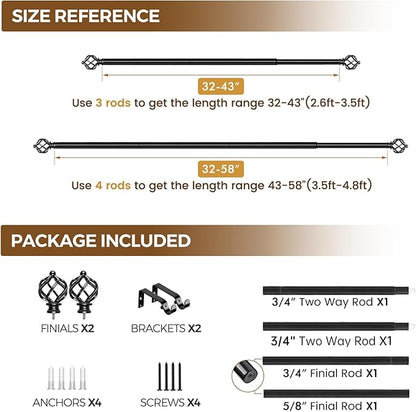KAMANINA Black Curtain Rod 32 to 58 Inch(2.6-4.8ft), Adjustable Curtain Rods for Windows 28 to 48 Inch, 3/4 Inch Splicing Drapery Rods with Twisted Cage Finial