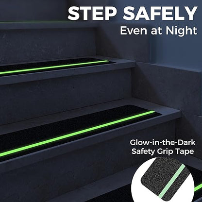 10 Pack 4” x 24” Anti Slip Traction Treads with Glow in The Dark Stripe, Outdoor Waterproof Non Skid Pre-Cut Tape with Roller, High Traction Friction Abrasive Adhesive for Stairs Step
