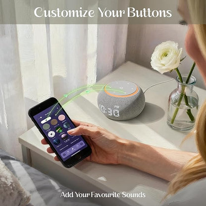 White Noise Sound Machine for Sleep, Dual-Stage Alarm&Snooze, Smart App Control, Custom Buttons, 500+ Non Looping Soothing Sounds, Dimmable Clock, Timer, Night Light, Lullaby, for Baby Adults Kids