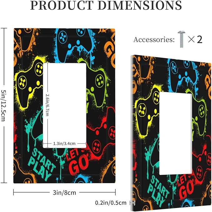 Decorative Outlet Covers Gamepad Theme Graffiti 1 Gang Rocker Light Switch Cover Plate Single Decora Light Switch Covers Wall Plate Faceplate for Game Room Bedroom Decor （2 Pack）