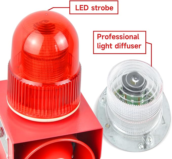 Motion Sensor Alarm Siren Waterproof 25 Watts LED Strobe Sirens with 120dB Volume Horn 12 Tones Adjustable for Warhouse, Factory and School AC380V SLA-01W