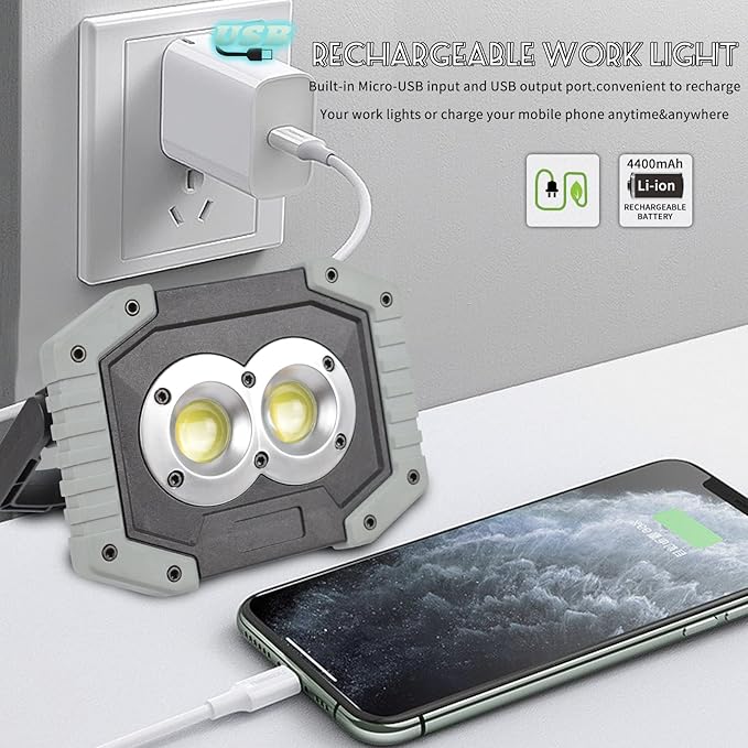 OTYTY LED Work Light 2-Pack, 30W 1500LM Portable Rechargeable Flood Lights with Magnetic Base, 4200mAh Battery for Outdoor, Camping, Hiking, Emergency, Car Repairing, Job Site Lighting (W839 Grey)