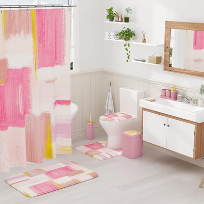 Bathroom Accessories Set - 25PC Bathroom Set with Shower Curtain and Rugs, Pink Bathroom Set, Bathroom Accessory Set with Press-on Lid Trash Can, Soap Dispenser and Qtip Holders