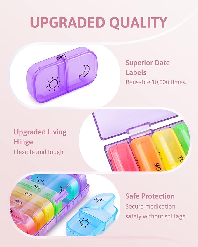 FEATY Weekly Pill Organizer 2 Times a Day with Same-Side Large Opening for Easy Filling & Retrieving, Color Tracking 7 Day AM PM Pill Box with Large BPA Free Pill Case for Vitamins, Fish Oils (Purple)