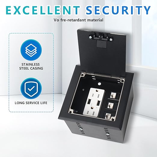 KYHSHJ Recessed Flat Hidden Socket Kit with 2 * 15A Receptacle，4.8A*2 USB-A Ports +3-Port RJ45 Datacom Receptacle. Internal Height Adjustable，Corrosive Resistant Hardware,Black