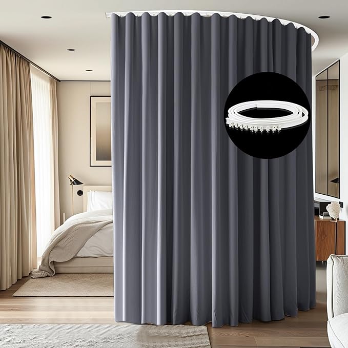 Room Divider Ceiling Mounted Curtains Track Sets Extra Wide Blackout Curtain Flexible Tracks for Bedroom Privacy Partition Separator, 1 Panel Grey Drape and White Rail, W12.5 x H8ft
