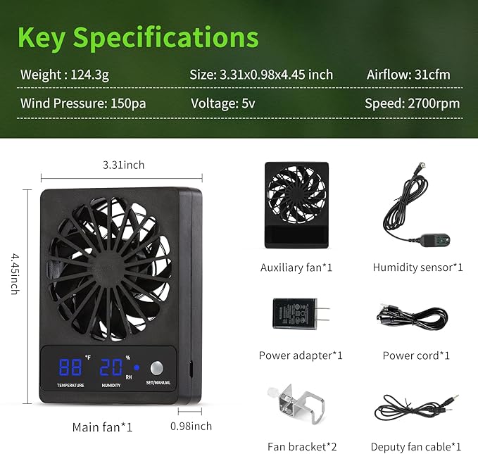 2 PCS Reptile Fans with Thermo-hygrometer | Real-Time Humidity Control Fan Dehumidifier for Enclosures, Aquariums & Terrariums