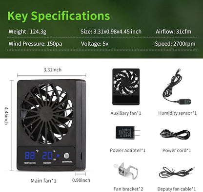 2 PCS Reptile Fans with Thermo-hygrometer | Real-Time Humidity Control Fan Dehumidifier for Enclosures, Aquariums & Terrariums