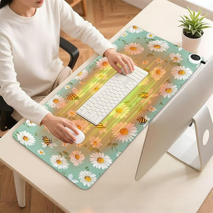 Heated Desk Pad Mouse Pad 31.5x13 Inch PU Leather Desk Mat with 3 Heat Levels Large Mouse Gaming Computer Laptop Mat Mint Green Daisy Flowers and Bees