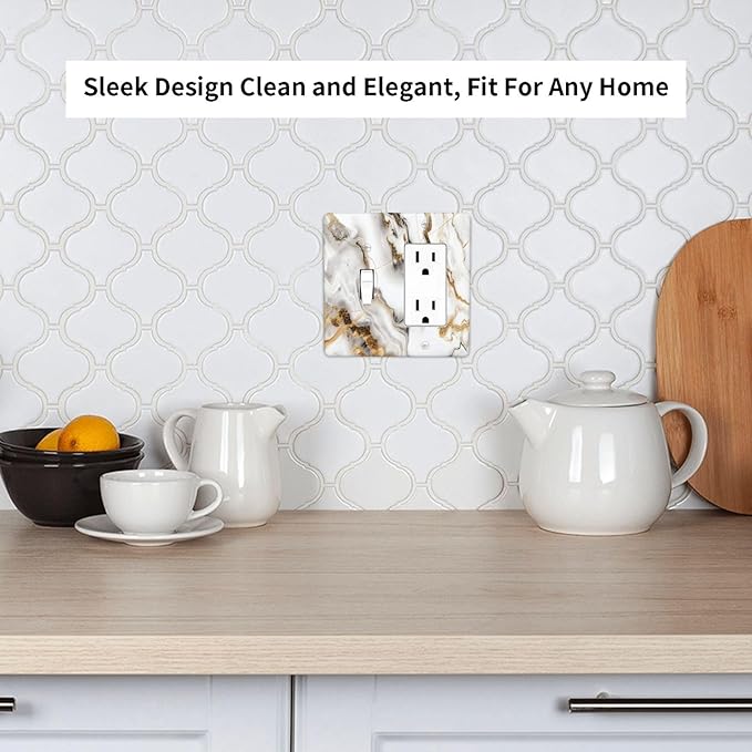 Luxurious Marble Abstract White Gold Tile Modern Simplicity Outlet Covers 1 Toggle 1 Rocker Combination Decorative Wall Plate Electrical Switch Plates Light Switch Cover Plate for Bathroom Kitchen