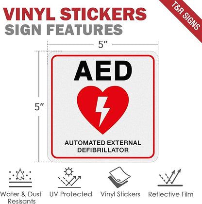T&R AED Stickers - 10 Pack - 5 x 5 Inches Reflective Label, UV resistant, waterproof, fade and scratch resistant, suitable for indoor and outdoor